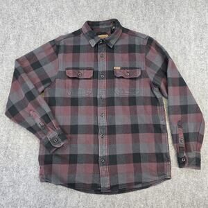 Orvis Shirt Mens Medium Red Gray Plaid Flannel Double Pocket Button Up Shacket